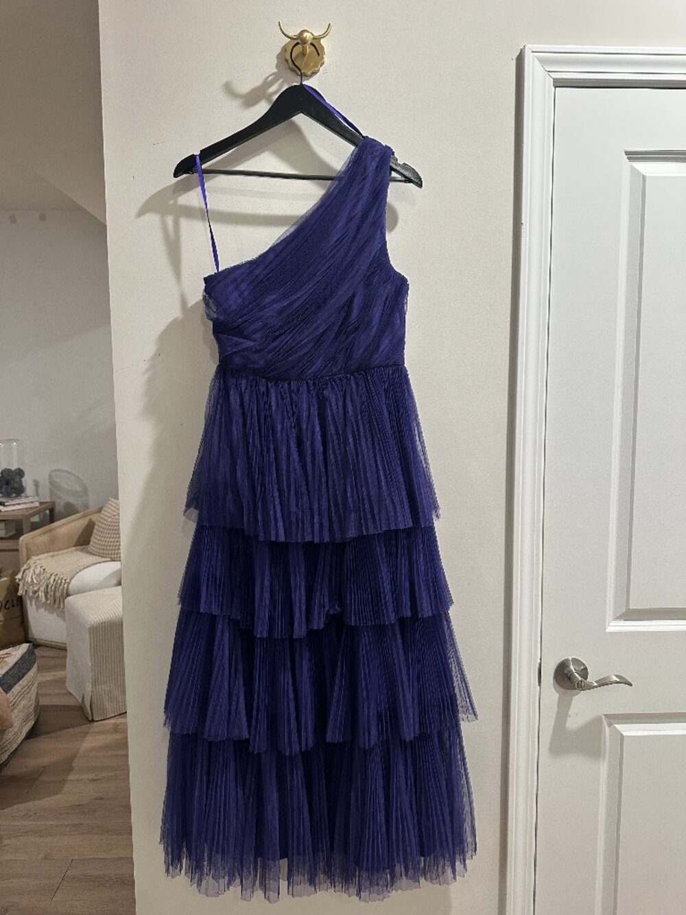 HUTCH Xala One-Shoulder Tiered Pleated Tulle Maxi Dress in Purple Size US 4